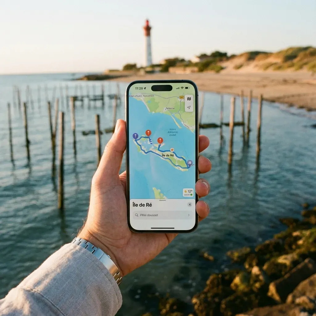 Application Route de l'Huître sur smartphone face à la mer